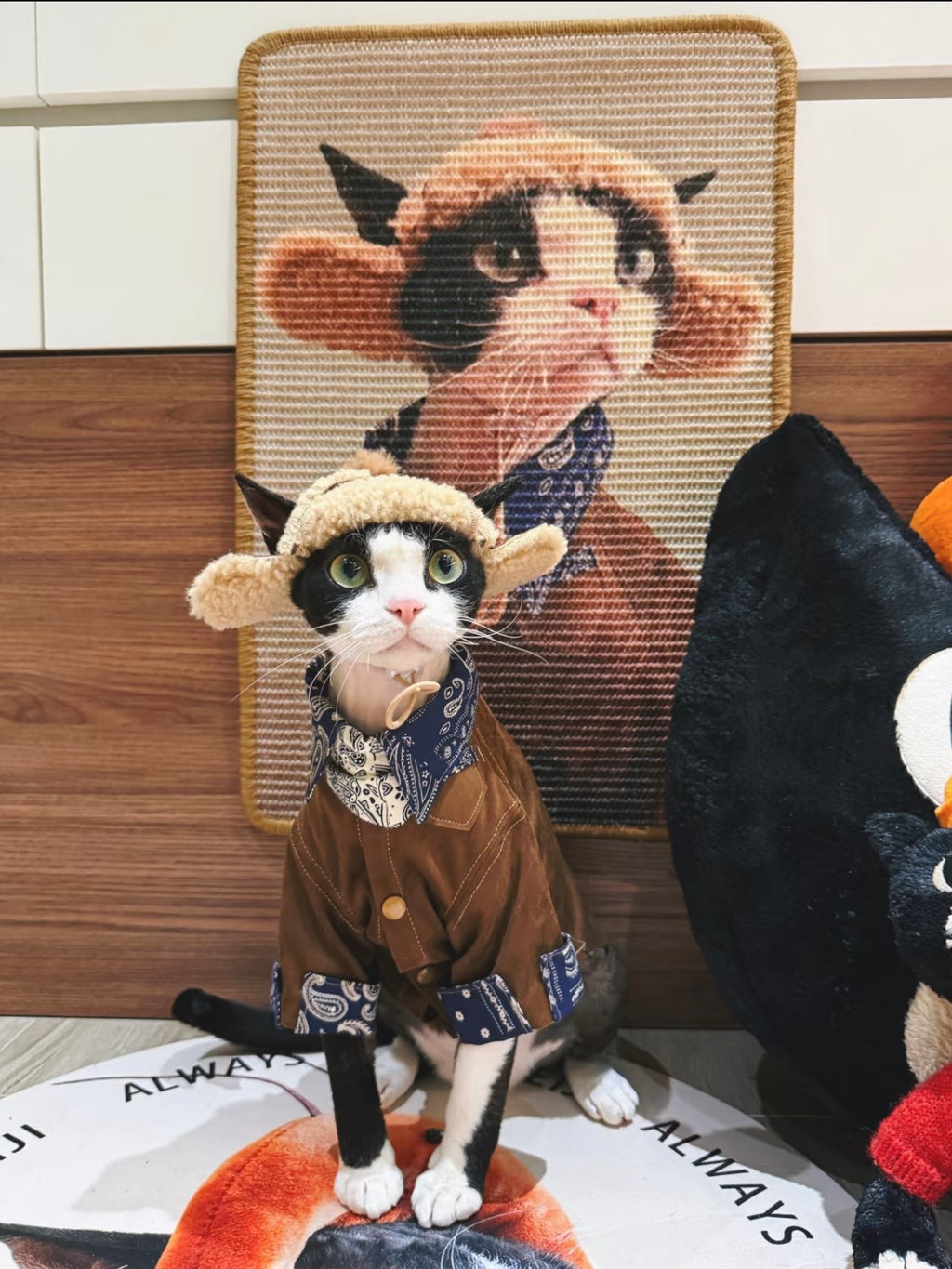 Close view of a custom cat portrait reproduced on a textured sisal scratcher