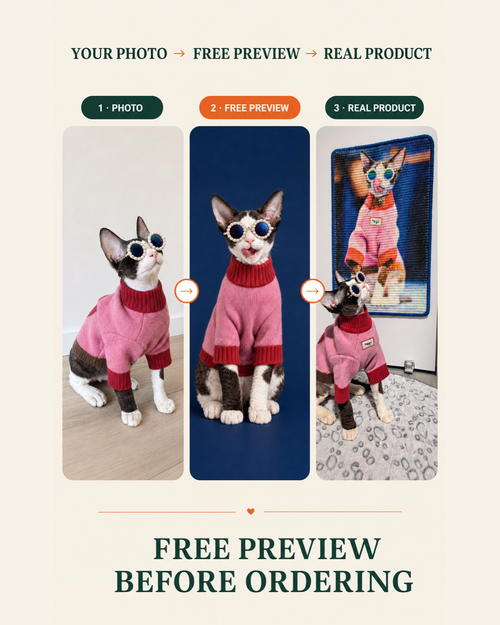 Customer pet photo, free preview, and real finished Pawlively cat scratcher comparison