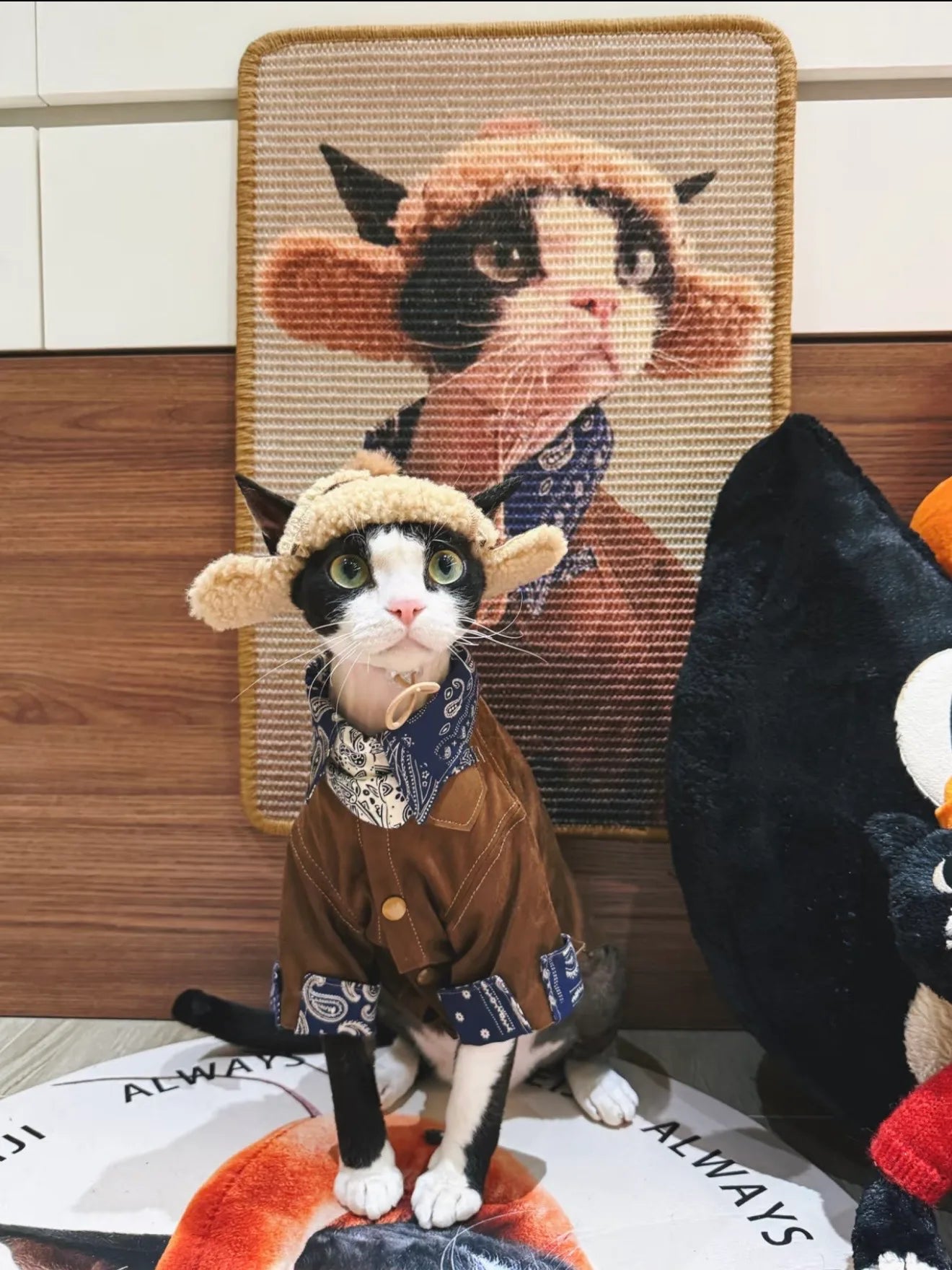 A cat with a custom illustrated scratcher