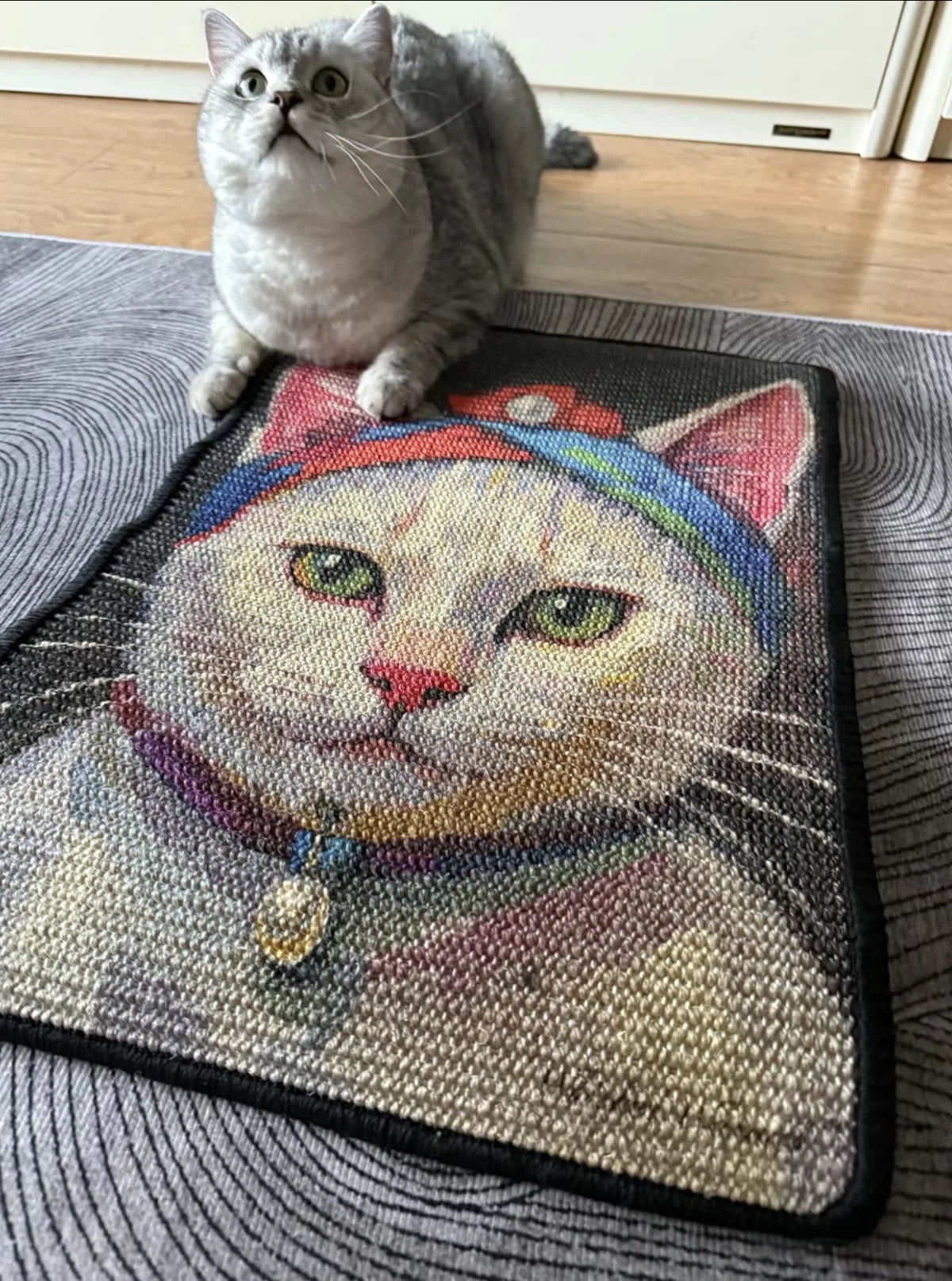 Customer cat sitting beside its finished portrait scratcher