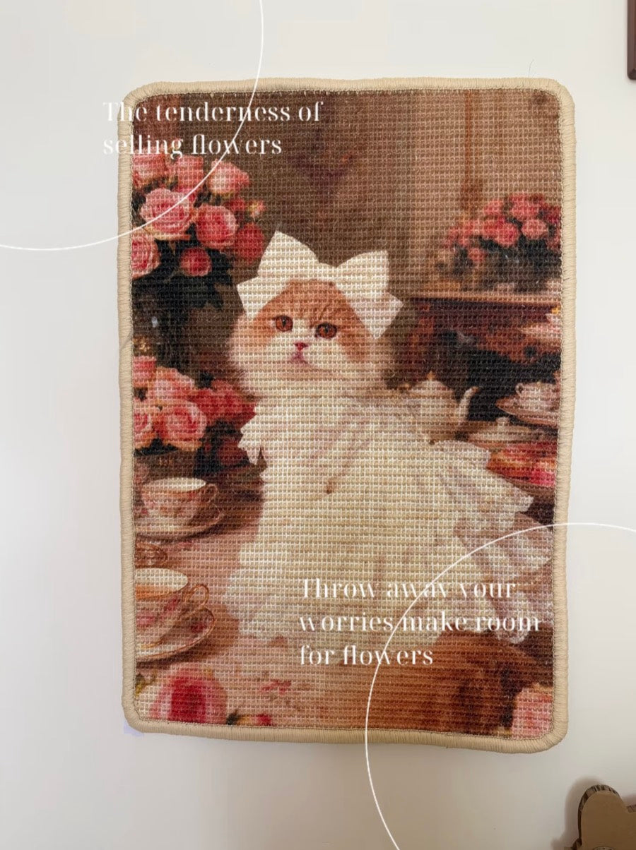 Customer's custom cat portrait scratcher displayed on a wall like artwork